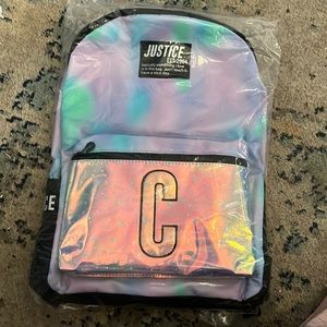 Justice brand new in bag initial C iridescent backpack. Full size